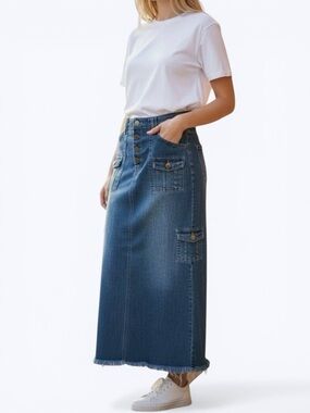 Style J Denim Cargo Skirt Blue Long Raw Hem Slit Womens Size 10 / Large